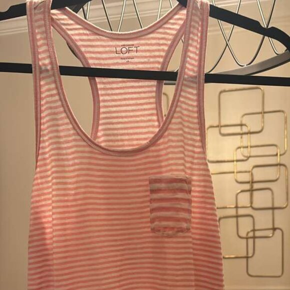 LOFT Pink White Stripe Racerback Pocket Tank Top Tee Size XS - Picture 2 of 6